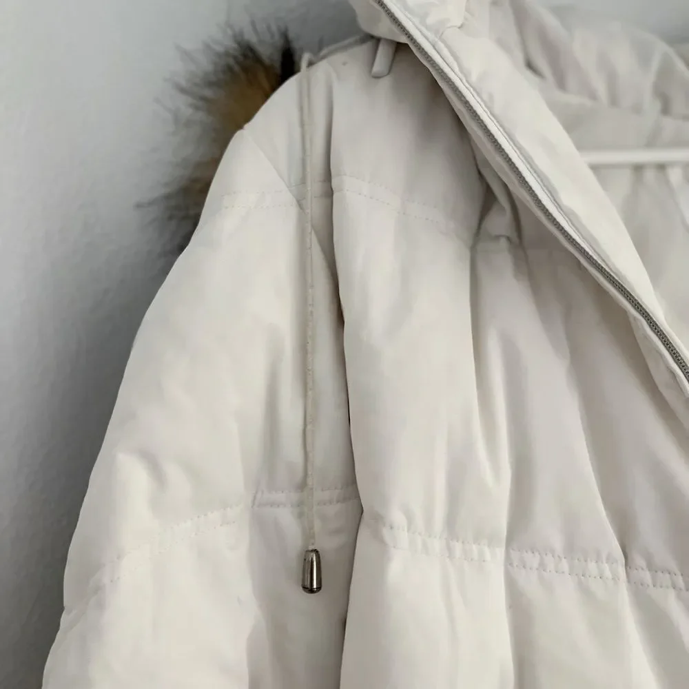 Giacca Puffer Jacket Winter Fur Lining White Brown Warm Coat Snow Jacket Size L‍ - Picture 5 of 9